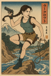 Lara Croft dans un décor japonais brumeux, style ukiyo‑e façon Hiroshige