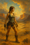 Lara Croft dans un paysage de l'Ouest sauvage, style Thomas Moran