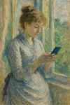 Femme en robe du XIXe siècle lisant un smartphone près d'une fenêtre, style Berthe Morisot