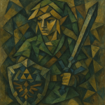Link de Zelda interprété en formes cubistes, style Georges Braque