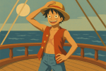 Luffy debout sur un navire stylisé, fond marin coloré, style Tom Purvis