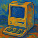 Ordinateur Macintosh revisité dans le style coloré et simplifié de Paul Gauguin