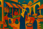 Marché oriental aux couleurs éclatantes et formes simplifiées, style Paul Sérusier