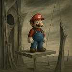 Mario seul sur une plateforme suspendue dans un monde abstrait, style Kay Sage