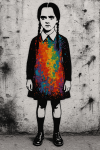 Mercredi Addams représentée en street art sur un mur, style Banksy