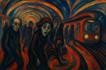 Scène de métro moderne dans un style expressionniste déformé, style Edvard Munch