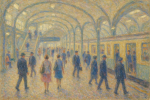 Scène de métro moderne avec des passants, style impressionniste de Camille Pissarro