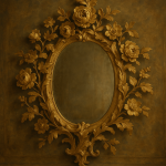 Photographie réaliste d'un miroir doré avec des motifs floraux dans le style Fragonard