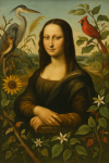 Mona Lisa réinterprétée dans un style aquarelle naturaliste façon Audubon
