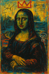 Mona Lisa peinte avec des symboles et couronnes, style Basquiat