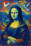 La Joconde revisitée dans un style poétique et flottant façon Chagall