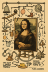 Mona Lisa peinte dans un décor mécanique absurde, dans le style Rube Goldberg