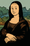 Mona Lisa dessinée avec des aplats de couleurs vives, style Hergé