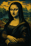 Mona Lisa interprétée avec des contours nets et décorations félines à la manière de Paul Jouve