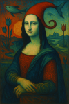 ona Lisa avec peau turquoise et cornes dorées, dans un décor surréaliste à la Félix Labisse