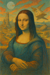 Mona Lisa réinterprétée dans un décor futuriste stylisé à la Moebius