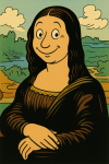 La Joconde revisitée avec un visage souriant, dans le style de Benjamin Rabier