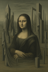 La Joconde dans une composition architecturale désertique et abstraite, style Kay Sage