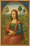 La Joconde réinterprétée dans le style des enluminures du Tacuinum sanitatis avec fond doré