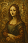 Mona Lisa réinterprétée avec des éléments occultes et un décor fantastique, style Remedios Varo