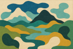 Paysage de montagne en découpe abstraite, style collage Jean Arp