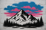 Paysage de montagne avec un graffiti discret, style Banksy