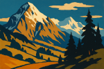Paysage de montagne stylisé avec un ciel uni, dans le style de Ludwig Hohlwein