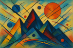 Paysage de montagne abstrait avec cercles et lignes colorées, style Kandinsky