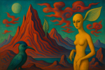 Paysage de montagne avec ciel vert et créatures hybrides, style Félix Labisse