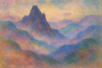 Paysage de montagne onirique traité dans un style pastel à la Redon
