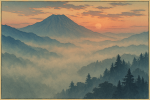 Montagnes enveloppées de brume au lever du soleil, style Hiroshi Yoshida