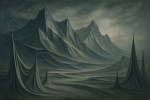 Chaîne de montagnes stylisée avec structures géométriques, style Kay Sage