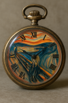 Photo réaliste d'une montre ancienne avec reflets expressionnistes, style Edvard Munch