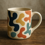 Photo réaliste d'une tasse décorée de motifs en collage abstrait, style Jean Arp