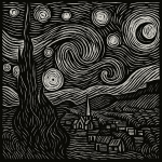 La Nuit étoilée de Van Gogh revisitée en gravure noir et blanc façon Vallotton