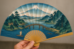Photographie réaliste d’un éventail japonais décoré d’un paysage ukiyo‑e façon Hiroshige