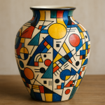 Photographie réaliste d’un vase décoré de motifs géométriques colorés à la manière de Kandinsky