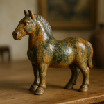 Photo réaliste d’un cheval miniature en céramique sur table rustique