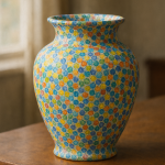 Photo réaliste d’un vase coloré décoré de points lumineux, style Paul Signac