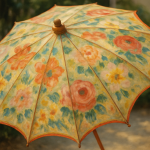 Photo réaliste d'une ombrelle colorée à motifs fleuris, inspirée par Mary Cassatt