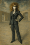 Femme en tailleur dans un open space vide, ambiance surréaliste, style Leonor Fini