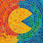 Pac-Man réinterprété avec mosaïque de couleurs, style Alma Thomas