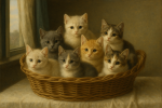 Panier en osier rempli de chatons dans une lumière douce façon Vermeer