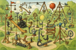 Parc rempli de dispositifs mécaniques absurdes dans le style Rube Goldberg