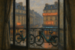Vue de Paris depuis une fenêtre ouverte, style Gustave Caillebotte