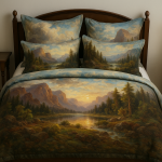 Photo réaliste d'une parure de lit décorée de paysages, style Thomas Moran