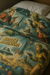 Photo réaliste d’une parure de lit aux motifs inspirés des comics de science-fiction