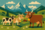 Paysage alpin minimaliste avec animaux stylisés, style Donald Brun