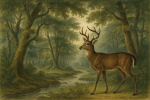 Paysage forestier aquarellé avec cerf, style Jean-Jacques Audubon