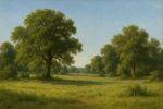 Paysage de prairie avec quelques arbres et ciel lumineux, style Rosa Bonheur